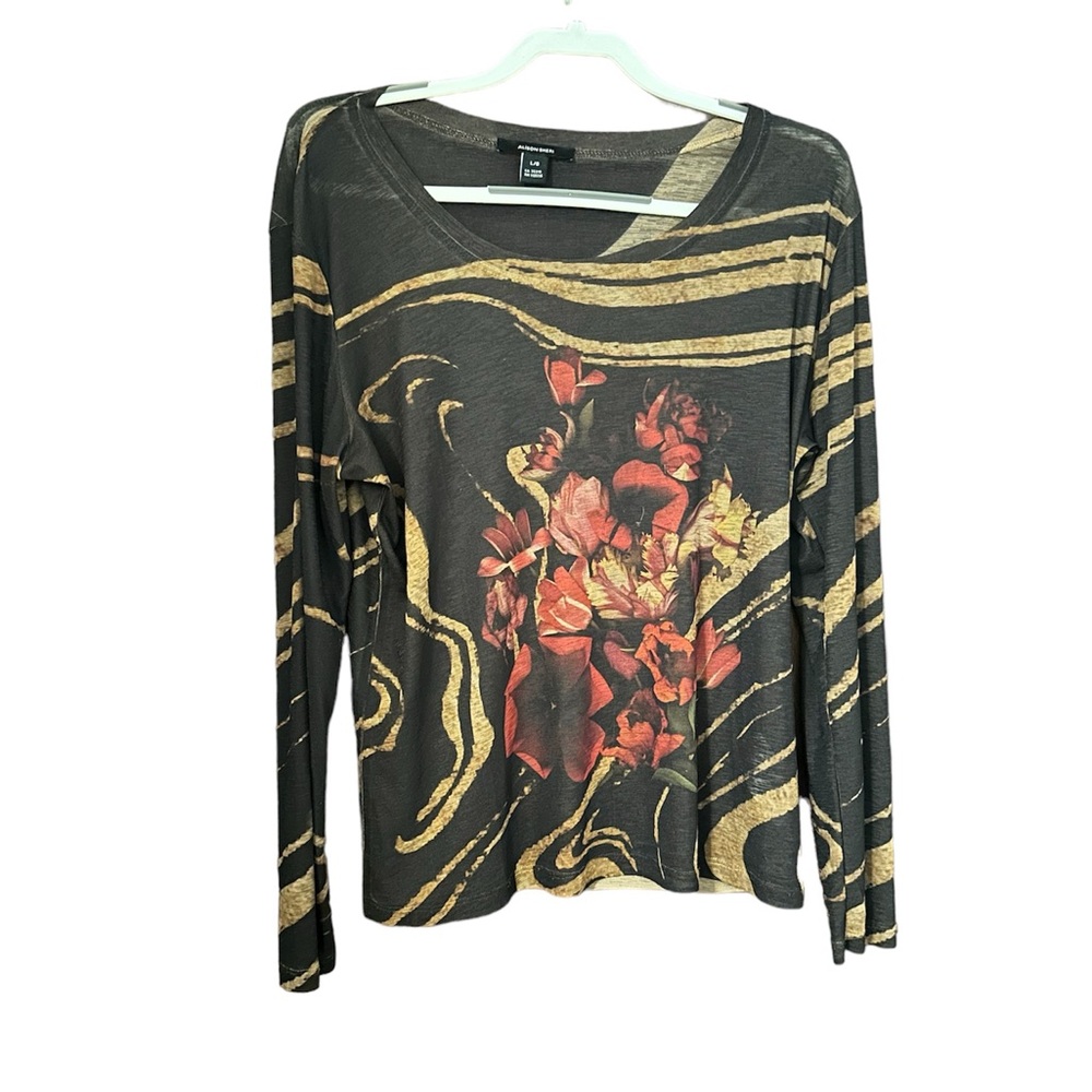 Alison Sheri Abstract Floral Print Semi Sheer Blouse Size L